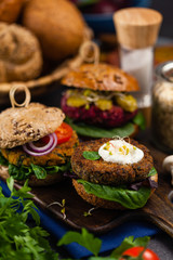 Vege burgers with carrots, beetroots and mushrooms.