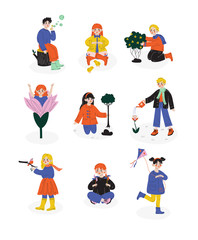 Kids Spring or Summer Outdoor Activities set, Happy hildhood, Children Enjoying Nature, Planting Seedlings, Playing Vector Illustration