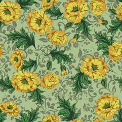 Beautiful poppy seamless pattern with leaves ivy green background