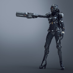 Science fiction cyborg female standing and shooting with gun. Cyborg girl with big gun in one hand. Young Girl in a futuristic black armor suit with a helmet. Shooter. 3D rendering on gray background.