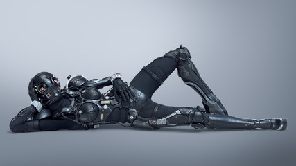 Science fiction cyborg female lies on her back and bends one knee. Cyborg girl lying in a seductive and attractive pose. Young Girl in a futuristic black armor suit. 3D rendering on gray background.