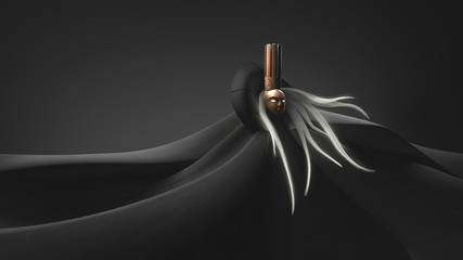 Woman with long gray hair in a golden mask. Smooth lines and waves of modern digital futuristic background. Queen in a golden crown on her head and in a black cloak. Ghost of the Queen. 3D rendering.