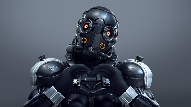 Science fiction cyborg female making a heart gesture with her fingers in front of her chest. Cyborg girl shows a sign of love. Girl in a futuristic black armor suit. 3D rendering on gray background.