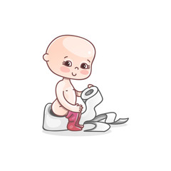 The baby is sitting on the pot. Toilet baby. Vector illustration in cute cartoon style.