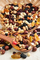 Naklejka na ściany i meble dried fruits and nuts on a wooden white background with a wooden spoon