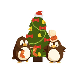 Arctic penguins and Christmas tree, winter holiday. Bird with knitted Xmas socks and in Santa hat, decorated fir or spruce with bells and garland vector