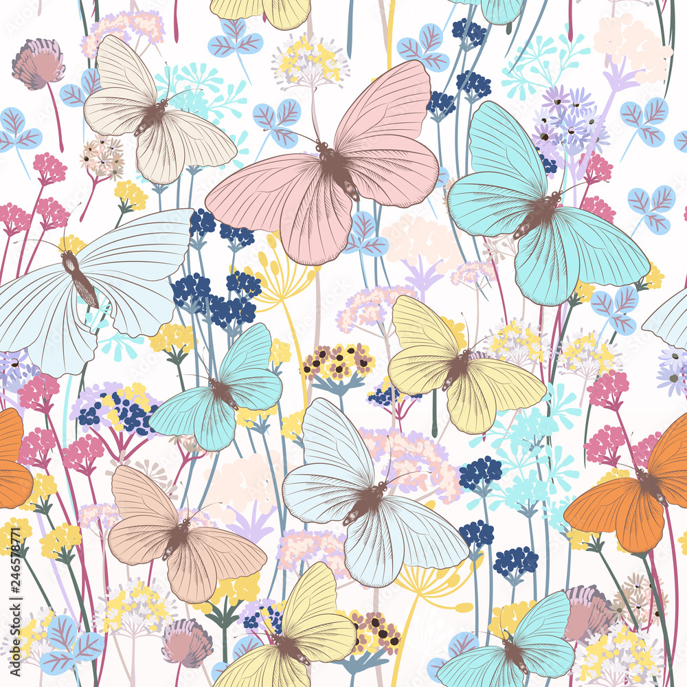 Wall mural fashion floral pattern with butterflies and plants