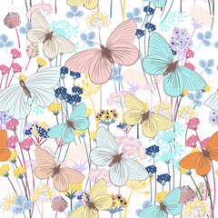 Fototapety  Modny kwiatowy wzór z motylami i roślinami