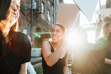 Joyful protesters marching through the city