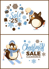 Merry Christmas special sale and winter holiday discount vector. Penguin with presents and snowflakes ornaments, reduced price character in warm hat