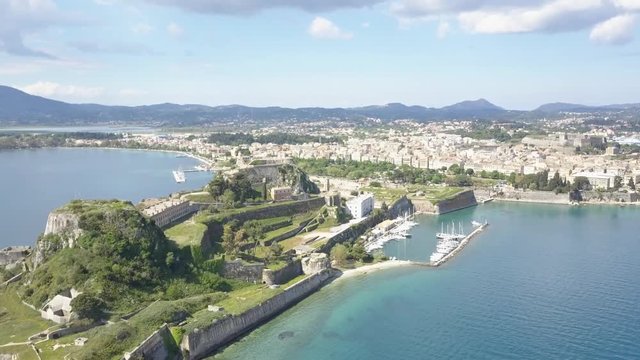 corfu island city and fortress flying ok from the sea.