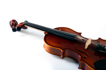Fototapeta premium Violin front view isolated on white.Violin isolated on white background, a symbol of classical music. Close up of a violin on white background.