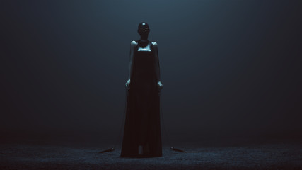 Demon Assassin in a Tight Dress with a Cape and Weighted Chain Sickle 3d illustration 3d render  - obrazy, fototapety, plakaty