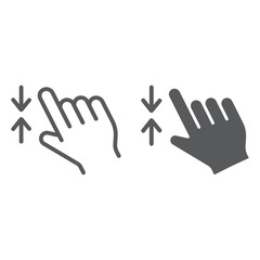 Two finger zoom out line and glyph icon, gesture and click, hand sign, vector graphics, a linear pattern on a white background.