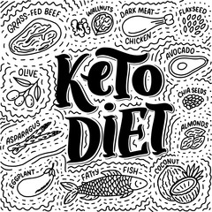 Sketch lettering with keto diet doodle elements for concept design. Hand drawn illustration. Food for Ketogenic