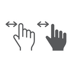 Horizontal scroll line and glyph icon, finger and gesture, hand sign, vector graphics, a linear pattern on a white background.
