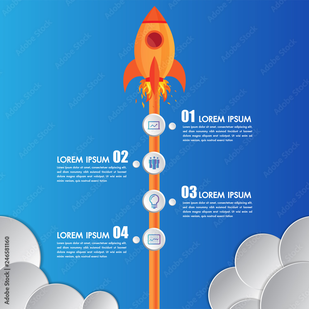 Poster infographics design template rocket or spaceship launches through the clouds with icons flying up 4 