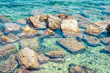 Sicily landscape, rocky seashore of Ortygia (Ortigia) Island, Syracuse, Italy.