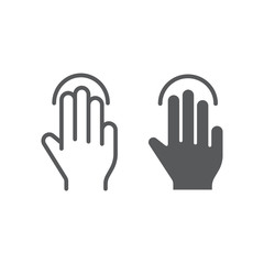 Triple tap line and glyph icon, gesture and hand, click sign, vector graphics, a linear pattern on a white background.