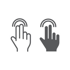 Two finger double tap line and glyph icon, gesture and hand, touch sign, vector graphics, a linear pattern on a white background.