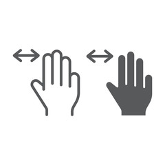 Three fingers horizontal scroll line and glyph icon, gesture and hand, flick sign, vector graphics, a linear pattern on a white background.