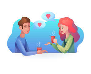 Vector illustration of women and men with a cup of coffee in modern style. Time together.