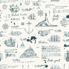 Vector abstract seamless background on the theme of travel, adventure and discovery. Old manuscript with islands, sailboats, wind rose and nautical symbols with blots and stains in vintage style