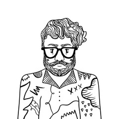 Portrait of handsome stylish casual man hipster with beard. Sketch doodle style illustration. Coloring page element