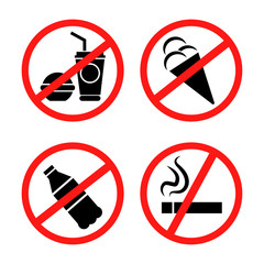Signs forbidding different actions in various places. Signs are located on a white background.