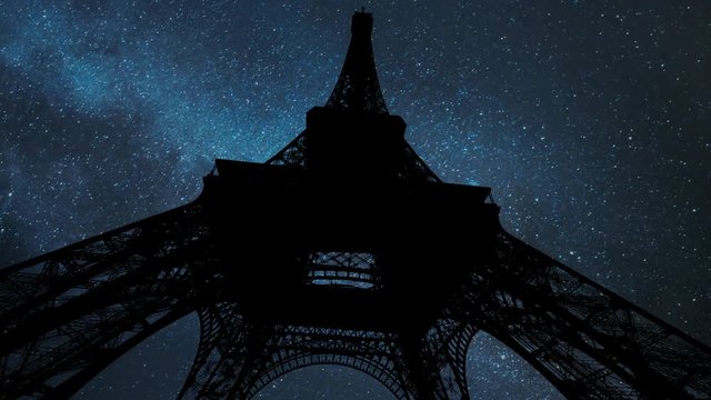The Eiffel Tower at Night with with Stars and Milky Way in Time Lapse, Paris, France, Europe