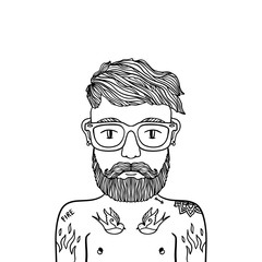 Portrait of handsome stylish casual man hipster with beard. Sketch doodle style illustration. Coloring page element