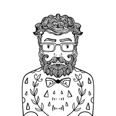 Portrait of handsome stylish casual man hipster with beard. Sketch doodle style illustration. Coloring page element