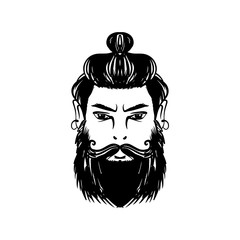 Portrait of handsome stylish casual man hipster with beard. Sketch doodle style illustration. Coloring page element