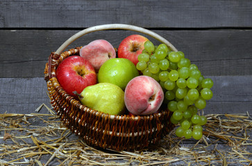 fresh, tasty, juicy, useful fruit in a basket, useful fruit in a basket.A LOT OF FRUITS. AWAY WITH APPLES. FRUITS