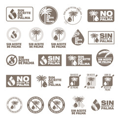 Fototapeta premium Set 23 Icons set of badges, emblems and stamps vector for packaging monochromatic. Palm Oil Free written in Spanish