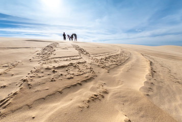 Fototapeta na wymiar MUI NE, VIETNAM - JANUARY 18, 2019 : Unidentified tourists are traveling white sand dune desert at Mui Ne, Vietnam