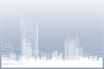 Abstract wireframe city background. Perspective 3D render of building wireframe. Vector.