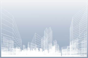 Abstract wireframe city background. Perspective 3D render of building wireframe. Vector.
