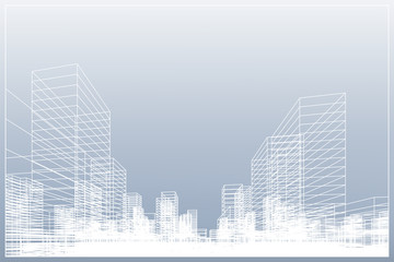 Abstract wireframe city background. Perspective 3D render of building wireframe. Vector.