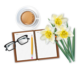 Morning coffee notepad and narcissus bouquet Vector realistic