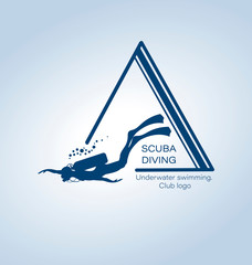 SCUBA DIVING. Underwater swimming. Emblem, club logo. Silhouette of a diver. Sport diving concept.