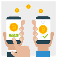 Concept of cryptocurrency technology, bitcoin exchange, mobile banking. Hand holding smartphone and send bitocins to another wallet