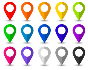 Set of map pointers icons with soft shadow in flat style.