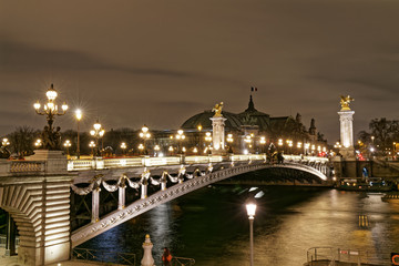 Night view of Alexandre III bridge on the Seine - Paris, France