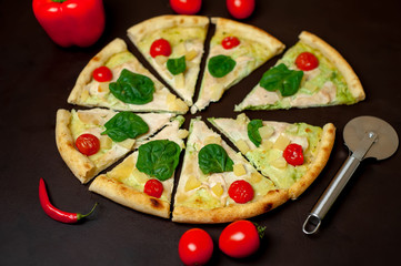 Delicious   pizza on a concrete background. Top view of hot pizza. 