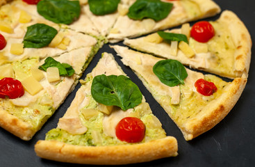 Delicious   pizza on a concrete background. Top view of hot pizza. 