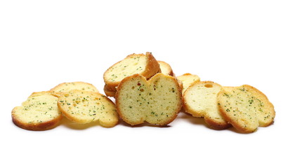 Bruschette chips, grilled bread with sour cream and onion snacks isolated on white background