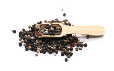 Colorful mixed pepper in wooden spoon isolated on white background