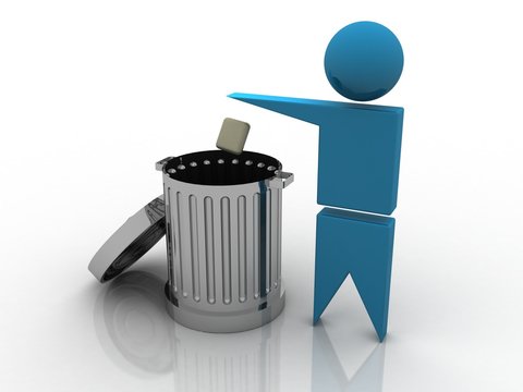 3D illustration man put waste recycle bin