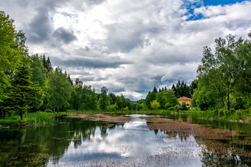summer lake with puffy clouds